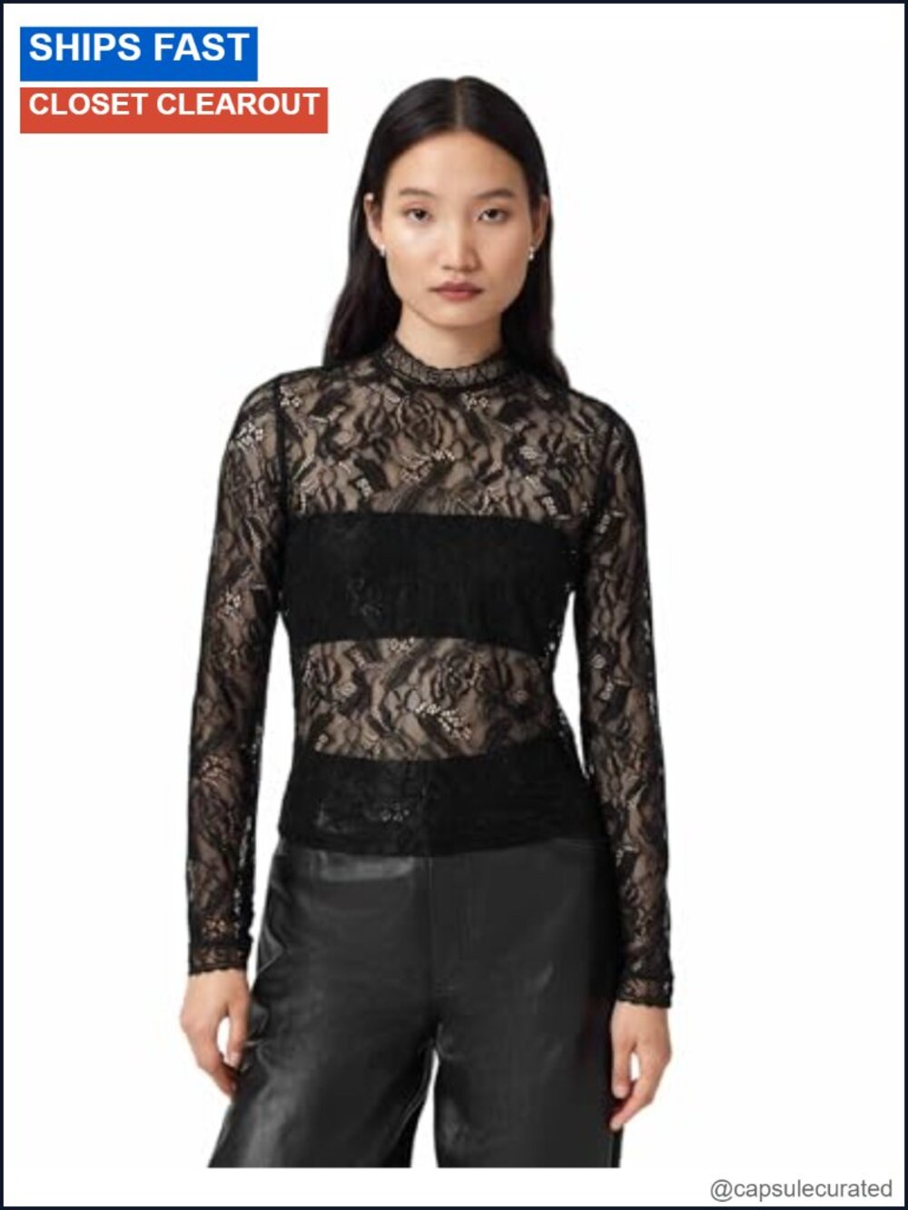 AllSaints Aria Lace Top 83% Polyester 17% Elastane Slim Fit Long Sleeve